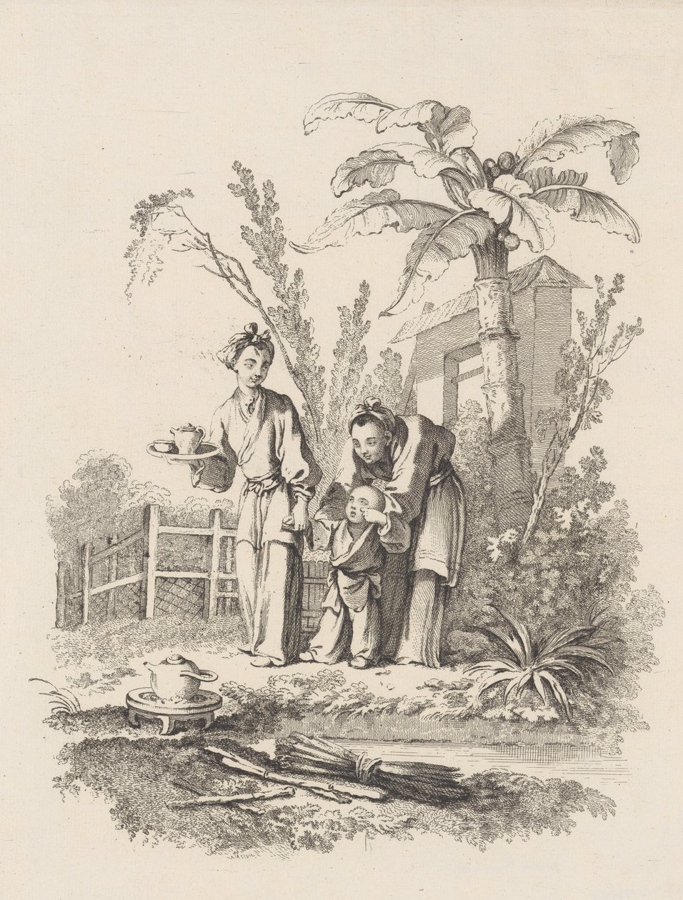 Két nő egy gyereket egy teáskanna felé vezet egy asztalon egy tó közelében, kb. 1742. alkotó: Gabriel Huquier