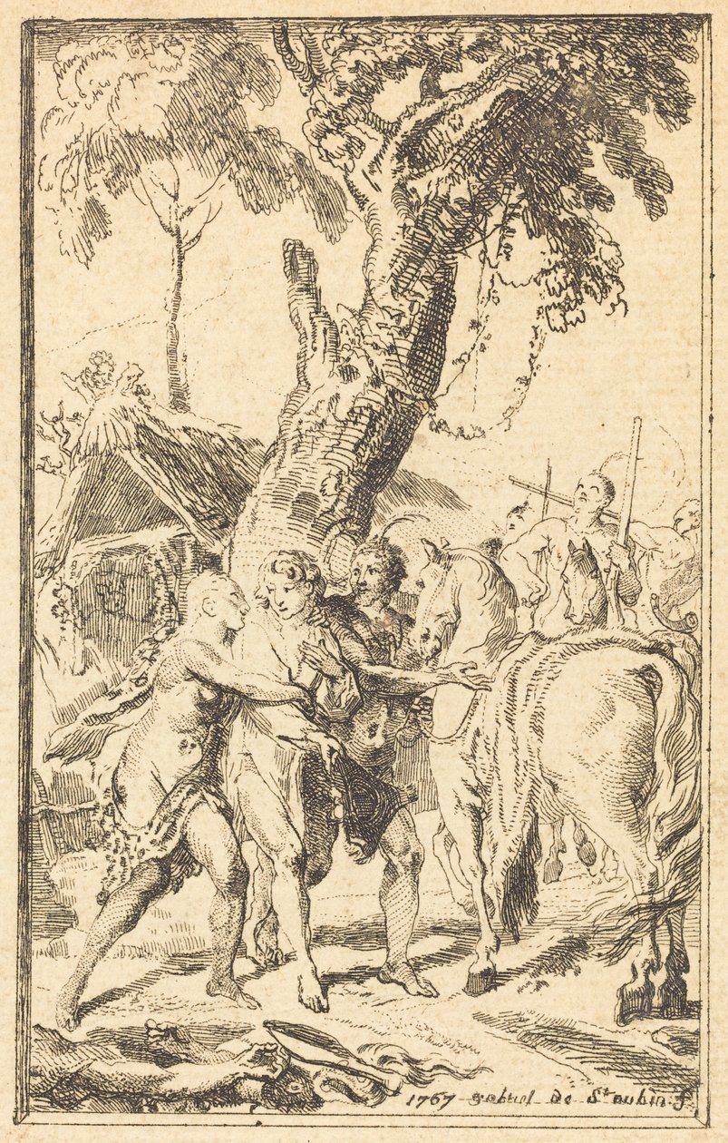 M. de Belle-Isle, fogoly repülése az Attakapákkal [jobbra] alkotó: Gabriel Jacques de Saint Aubin