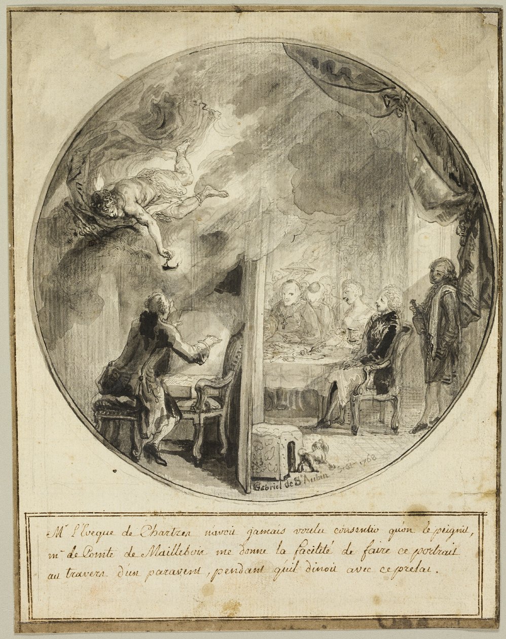 Gabriel de Saint-Aubin Chartres-i püspök portréját készíti alkotó: Gabriel Jacques de Saint Aubin