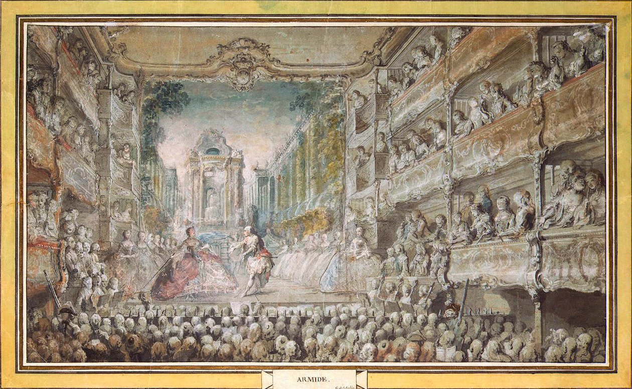 Armida előadása az Operaház régi előadótermében, 1761 után. alkotó: Gabriel Jacques de Saint Aubin