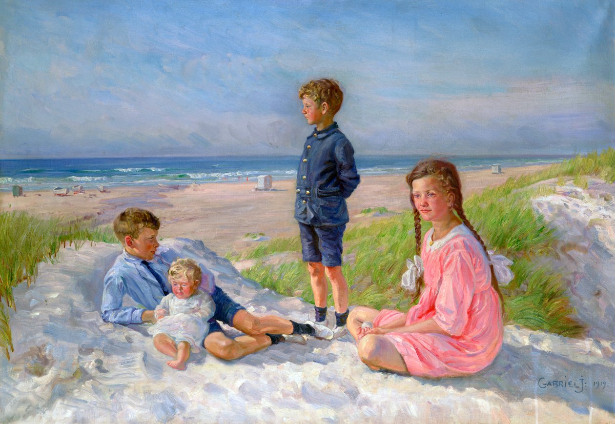 Erik, Else, Ove és Birthe Schultz a tengerparton, 1919 alkotó: Gabriel Jensen