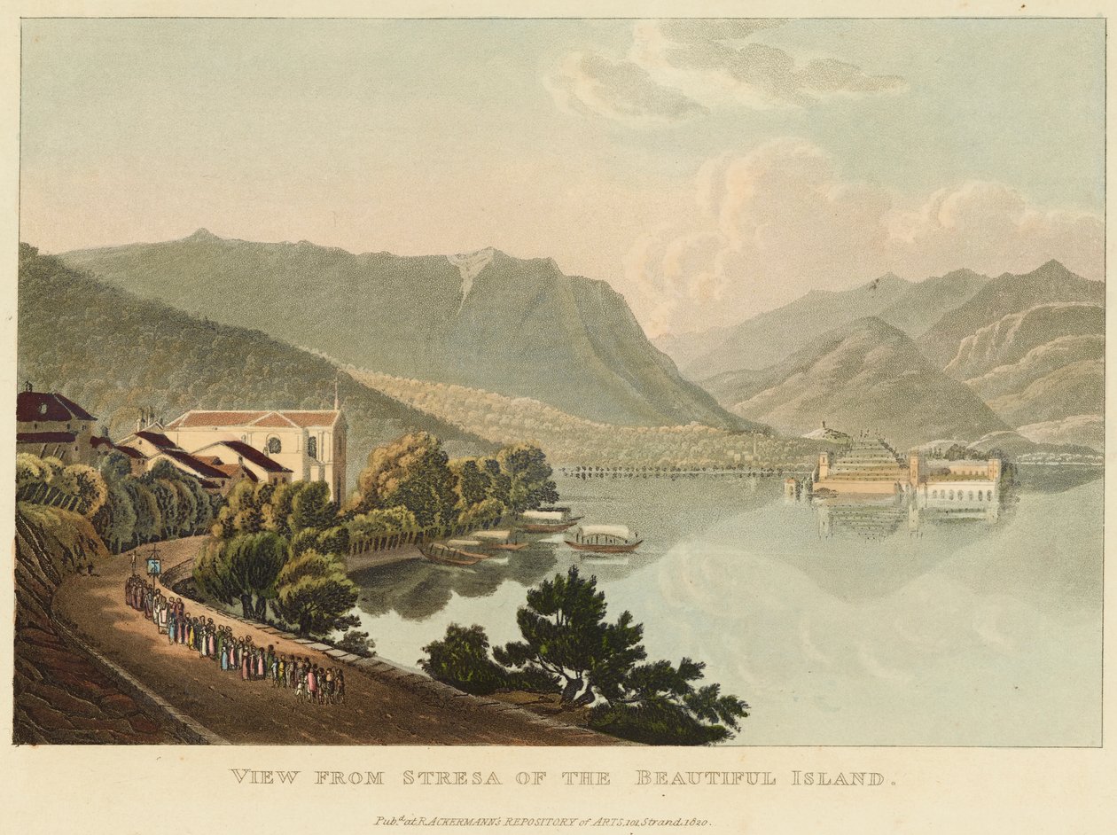 Kilátás a gyönyörű sziget Stresa felől (Isola Bella, Lago Maggiore), 1820 előtt (akvarell rézkarc felett és akvatinta szőtt papíron) alkotó: Gabriel L. and Lory Mathias G.  Lory