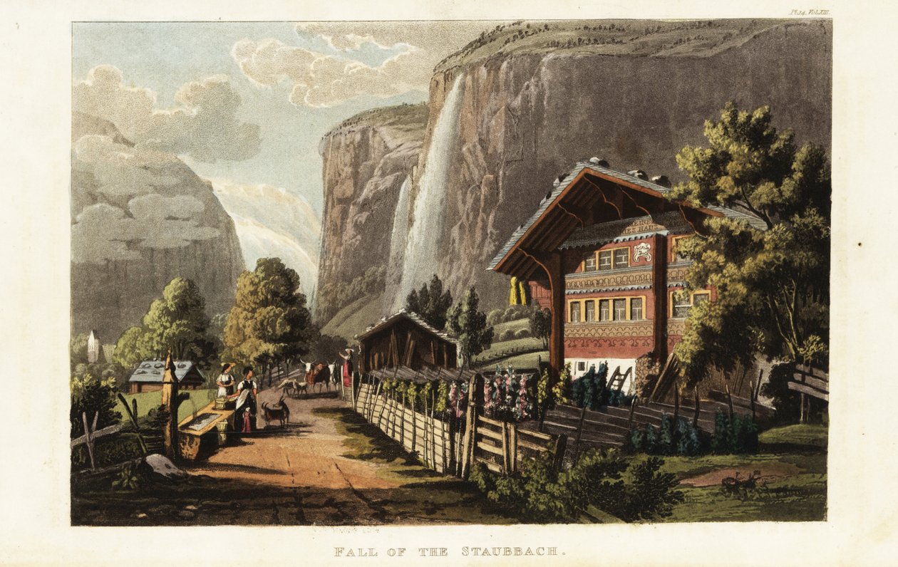 Kilátás a Staubbach-vízesésre, egy vízesésre Svájcban, közvetlenül nyugatra Lauterbrunnen felett, a Berni-felföldön alkotó: Gabriel Ludwig (after) Lory