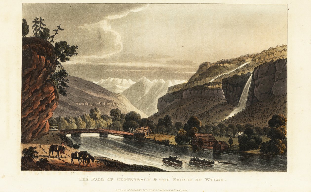 Kilátás a gleccserekre; Alpok; vízesés és híd a Gadmerwasser felett Wilernél; Berni Oberland Alpok, Svájc alkotó: Gabriel Ludwig (after) Lory