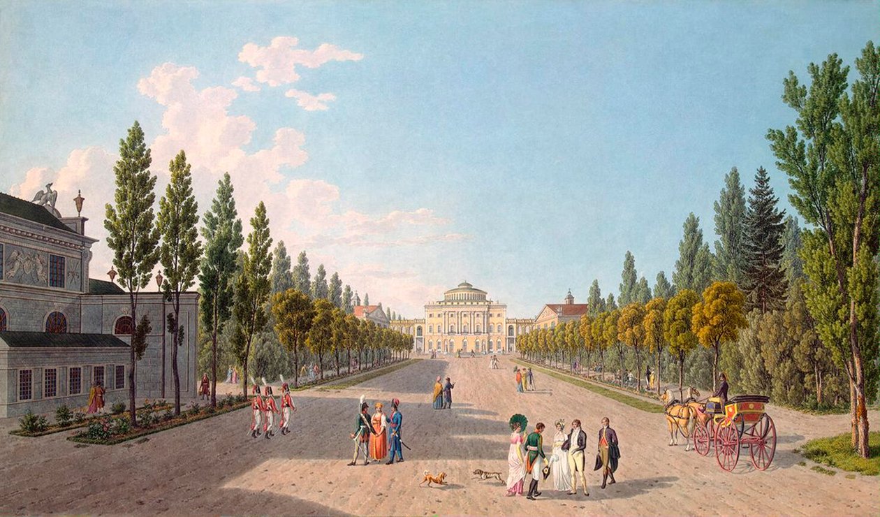 Kilátás a Pavlovszk-palotára a parkból, 1808. alkotó: Gabriel Ludwig Lory the Elder