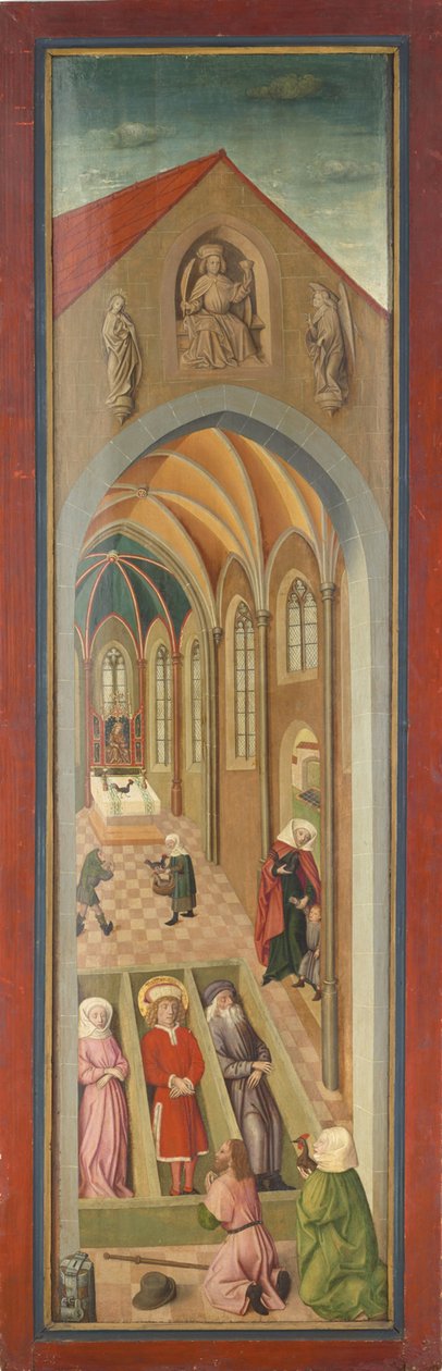 A tegernseei kolostortemplom Szent Vitus oltártáblája, Szentek Vitus, Modestus és Kreszentia a koporsójukban, zarándokpár imádata alkotó: Gabriel Maeleßkircher