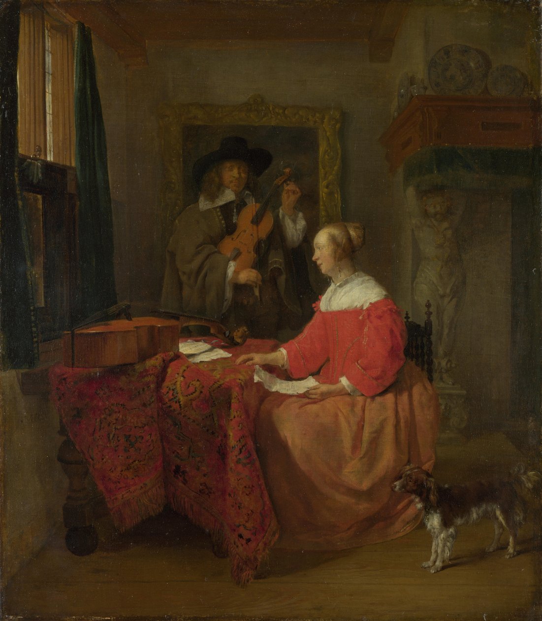 Egy asztalnál ülő nő és egy hegedűt hangoló férfi, c. 16571658 alkotó: Gabriel Metsu