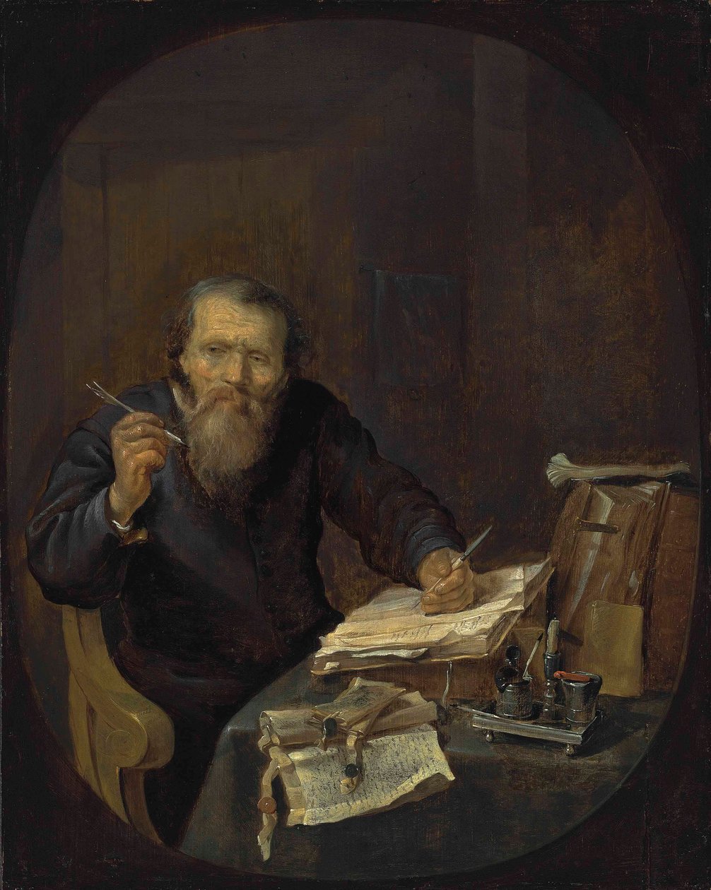 Egy közjegyző élesíti a tollát, egy belső térben. alkotó: Gabriel Metsu