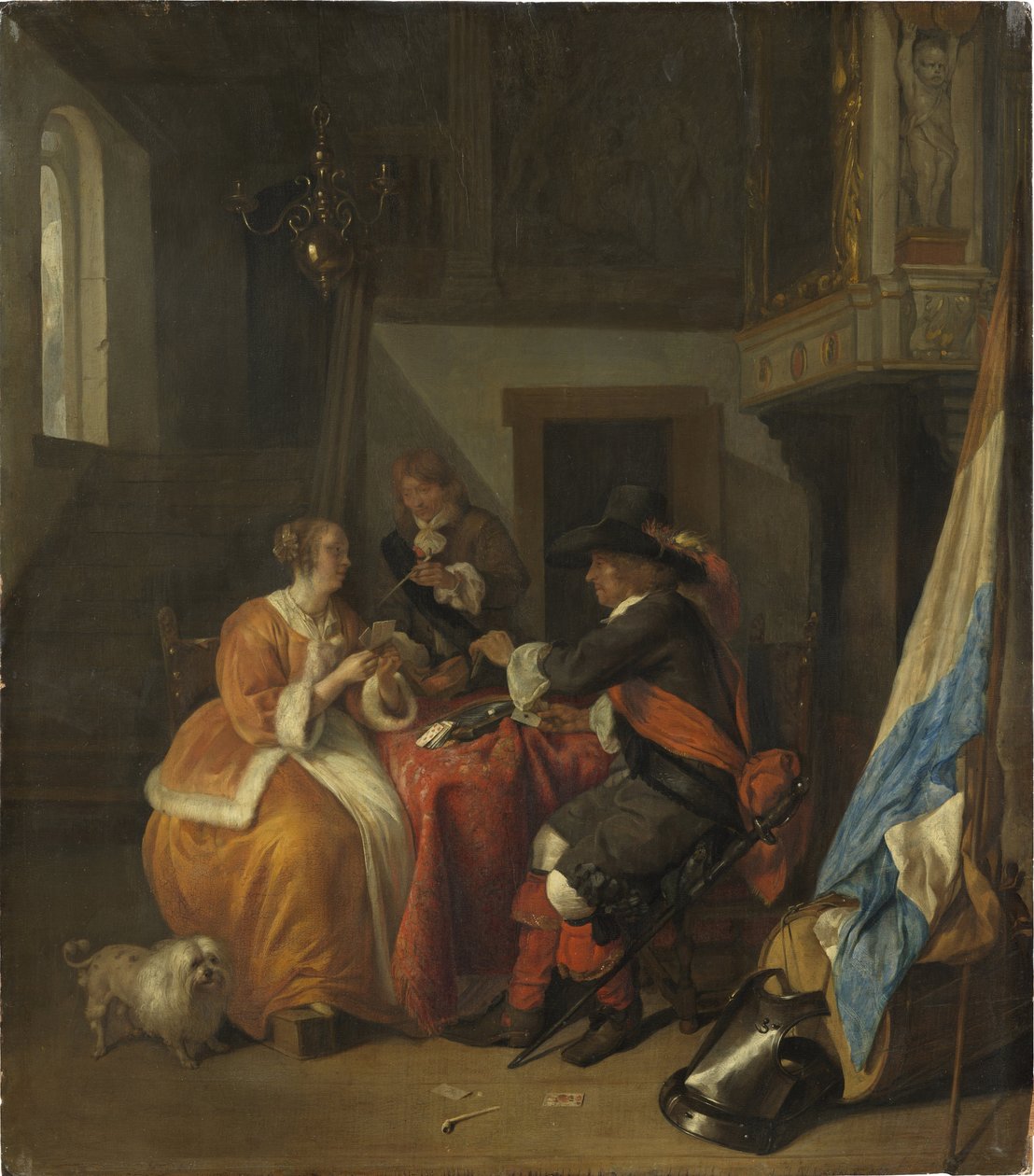 Kártyajáték – Kártyajáték, Metsu, Gabriel (1629-1667). olaj a fára alkotó: Gabriel Metsu