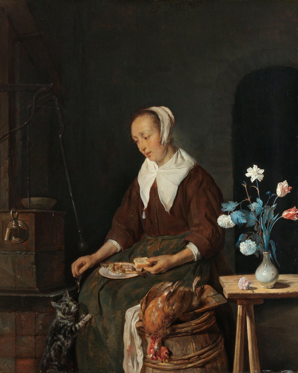 Evő nő, ismertebb nevén "A macska reggelije", 1661-64 körül (olaj, panel) alkotó: Gabriel Metsu