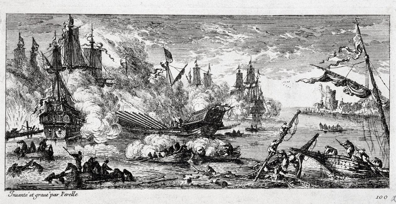 Agosta tengeri csata (a mai Augusta Szicíliában) a francia flotta és egy spanyol-holland szövetség között 1676. április 22-én. Gibel-hegyi csatának (Gibel-hegy) vagy famagustai csatának is nevezik. alkotó: Gabriel Perelle
