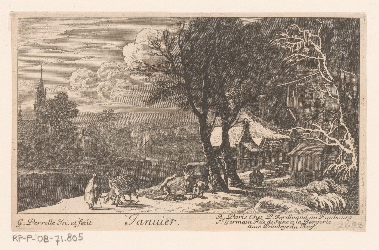Január hónapban fekvő címnyomat Janvier (cím a tárgyon) Tizenkét hónap (sorozat címe) alkotó: Gabriel Perelle