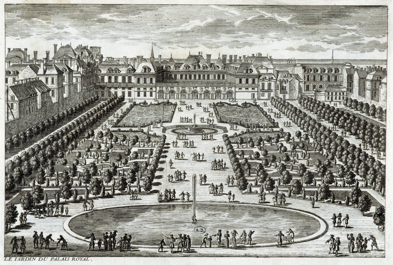 Kilátás a párizsi Parc du Palais Royalra. Perelle metszete, 17. század vége. alkotó: Gabriel Perelle