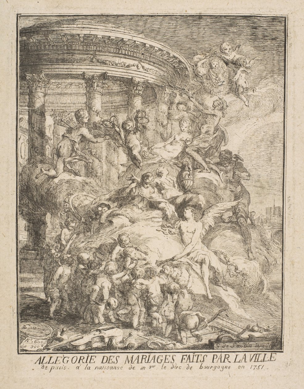 Párizs városa által kötött házasságok allegóriája Burgundia hercegének születésekor, 1752-ben. alkotó: Gabriel de Saint Aubin