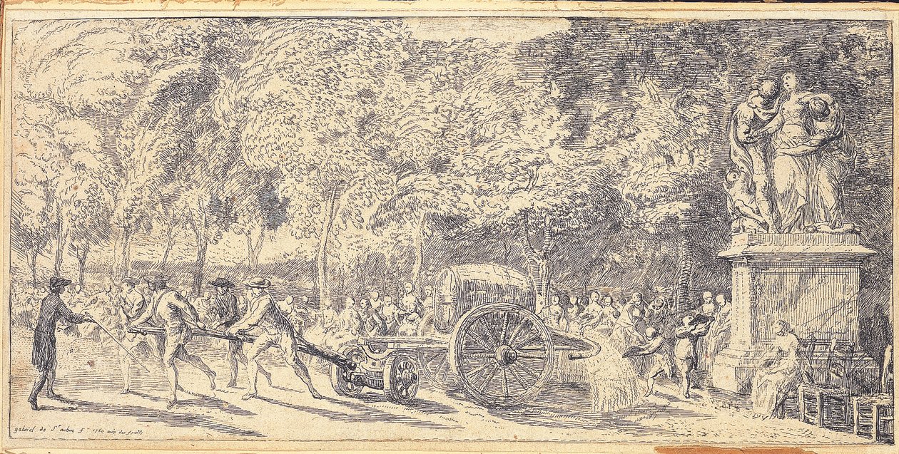 Hordót húzó alakok egy kocsin a Tuileriák kertjében, 1760 alkotó: Gabriel de Saint Aubin