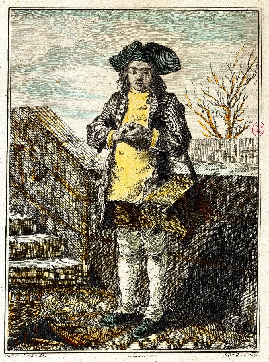 Régi metiers: a cipőtisztító vagy cipőtisztító. Gabriel de Saint Aubin (1724-1780) metszete, 18. századi párizsi musee Carnavalet alkotó: Gabriel de Saint Aubin