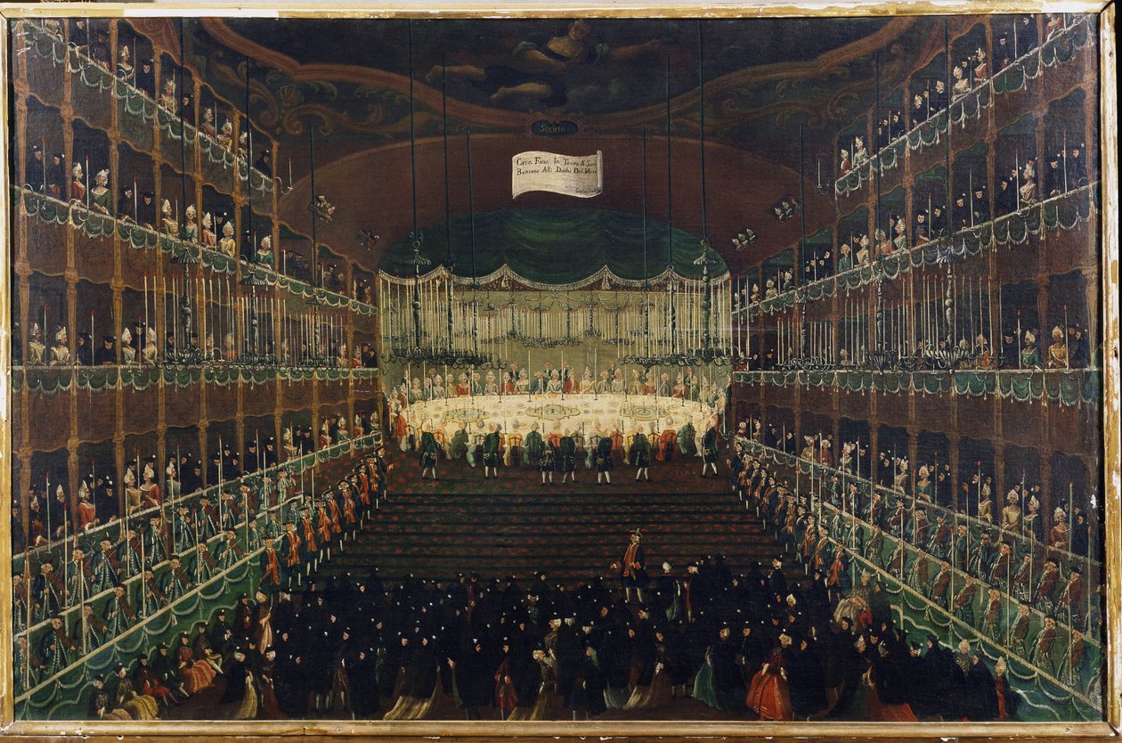 Vacsora a San Benedetto Színházban – „” Fogadás az északi hercegek tiszteletére”” Bankett a nagykövetek összejövetelével. Gabriel Bella (1730-1799) festménye 18. századi Velence, Galleria Fondazione Querini Stampalia alkotó: Gabriele Bella