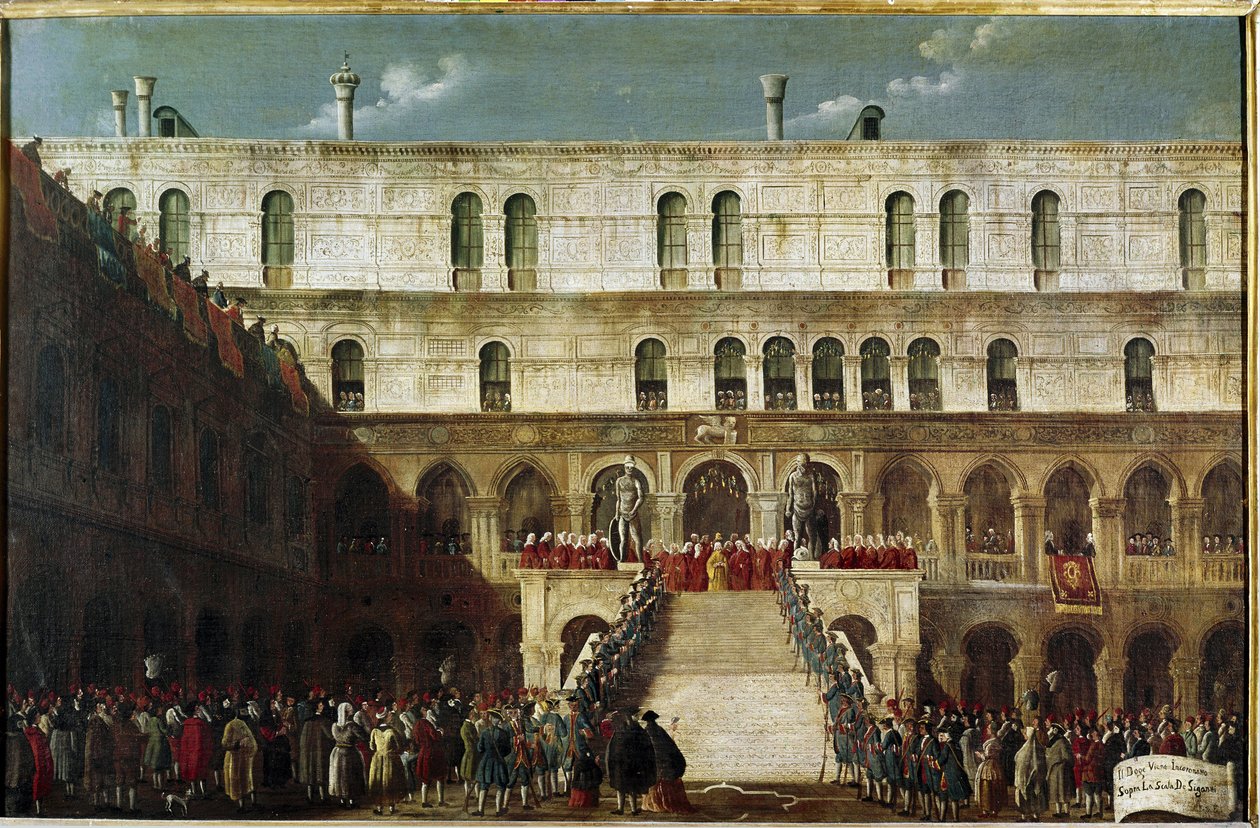 A dózse beiktatása a Geants lépcsőházába (a dózse megkoronázása a velencei Scala dei Gigantiban) - Gabriele Bella festménye (kb. Velence, Querini Stampalia Alapítvány alkotó: Gabriele Bella