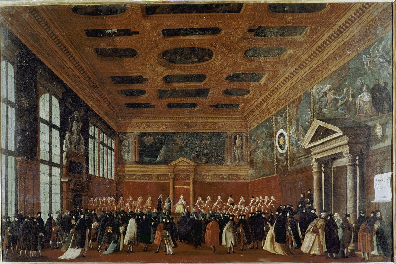 Nagykövetek fogadása a Collegióban (Velence, nagykövet fogadása a Collegióban) - Gabriele Bella (kb. 1730-1799) festménye, olaj, vászon, 99x150 cm. Velence, Querini Stampalia Alapítvány alkotó: Gabriele Bella