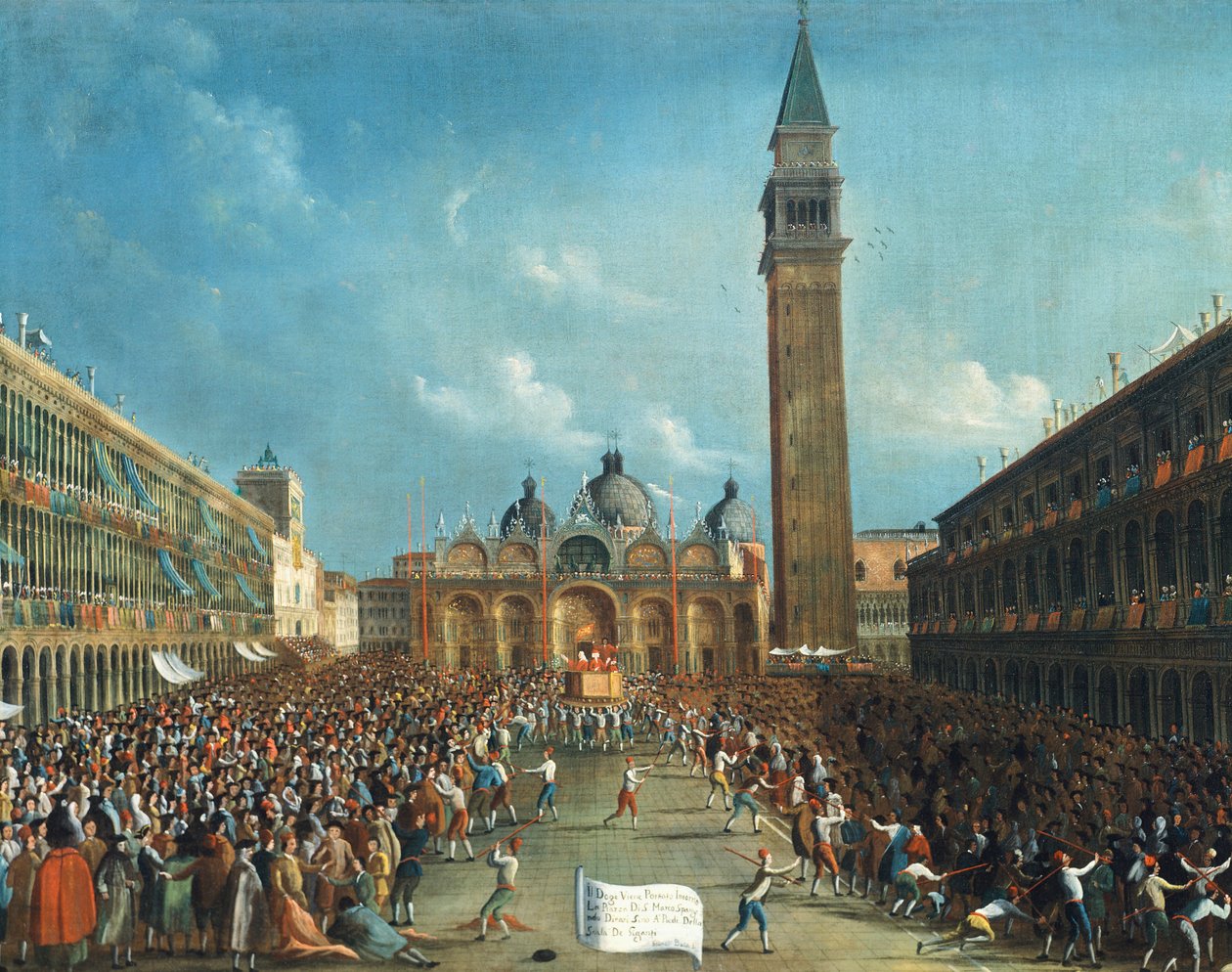 A Dózsát diadalmasan hordják és szórják a pénzt a Piazza San Marco (Szent Márk téren) alkotó: Gabriele Bella