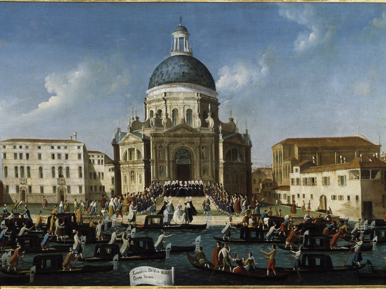 Egy nemes hölgy esküvője Santa Maria della Salute-ban (Egy nemes hölgy házassága Velencében Santa Maria della Salute-ban) - Gabriele Bella (kb. 1730-1799) festménye, 94x148 cm. Velence, Querini Stampalia Alapítvány alkotó: Gabriele Bella