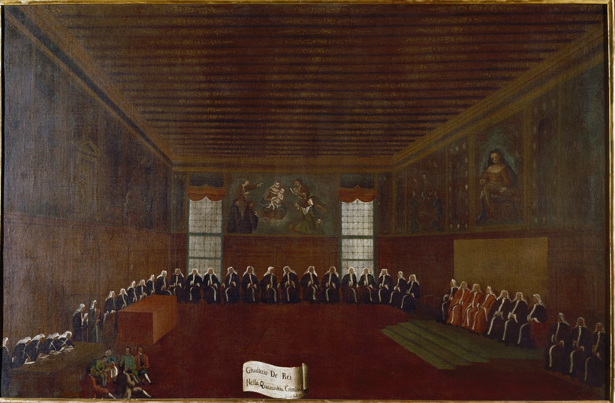 Kilátás a Bűnügyi Karantén, Legfelsőbb Bíróság vagy a Negyvenek Tanácsa szobájára Gabriele Bella (1733-1799) 18. századi velencei festménye, Fondazione “” Querini Stampalia”” alkotó: Gabriele Bella