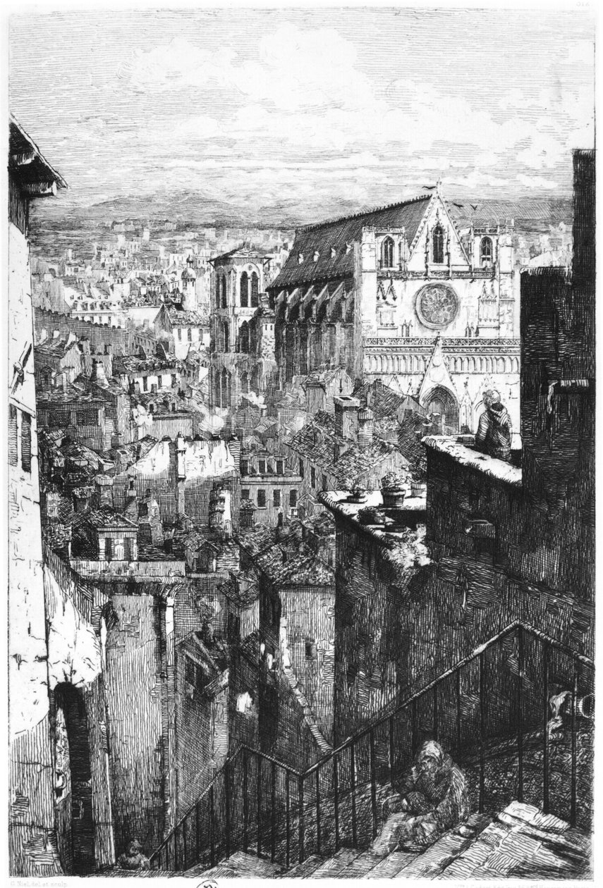 A Saint-Jean templom látképe, Lyon, 19. század közepe (fekete-fehér fotó) alkotó: Gabrielle Marie Niel