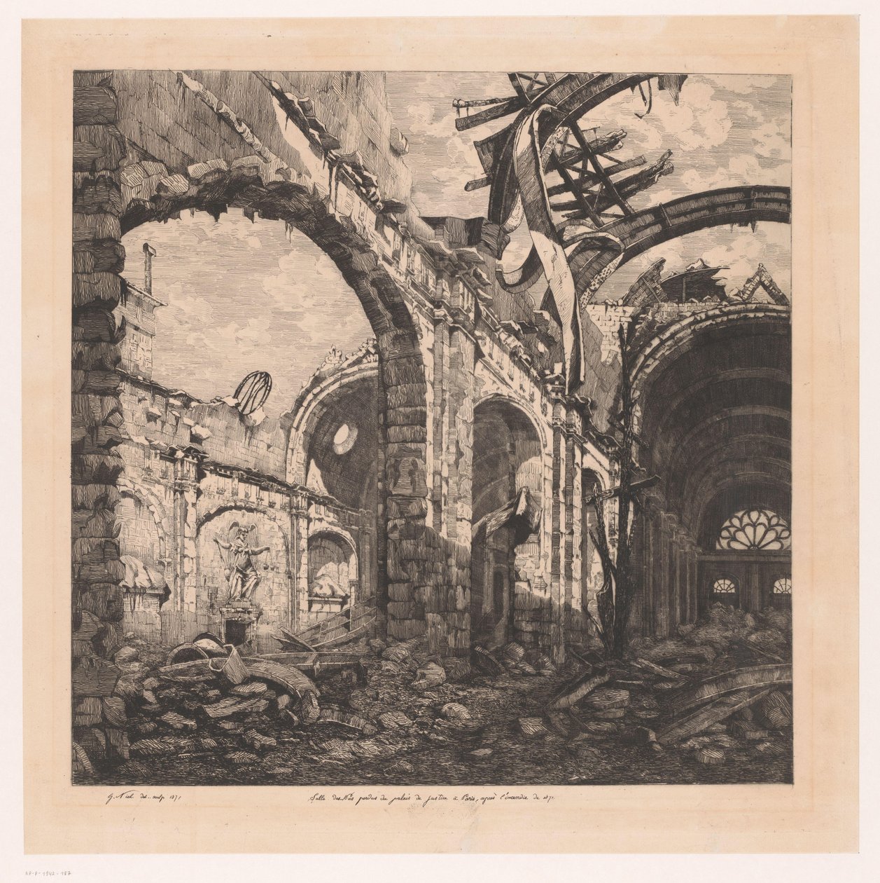 Ruïne van de Salle des Pas Perdus Párizsban na de brand van 1871 A párizsi Palais de Justice Salle des pas perdus épülete az 1871-es tűzvész után (cím a tárgyon) alkotó: Gabrielle Marie Niel