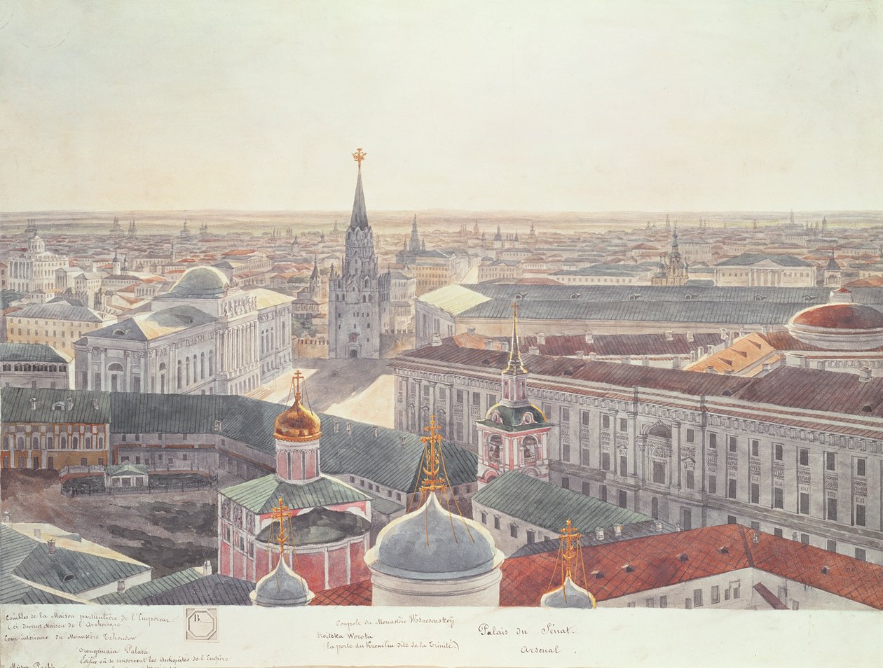 Moszkvai panoráma, amely az egykori Szenátusi Palotát (ma kabinetirodát), a Wosnesenskoy kolostort és az egykori Arzenált ábrázolja, 1819 (lásd: 17039-170146) alkotó: Gadolle