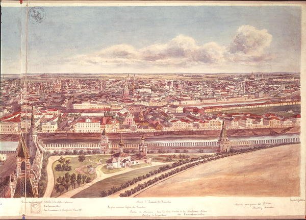 Moszkvai panoráma, a Kreml falai és a Moszkva folyó, 1819 (wc, papír) (lásd 170139-170145) alkotó: Gadolle