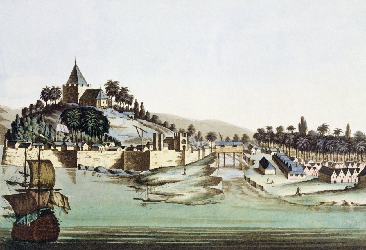 Malacca kikötője és városa, Malajzia, illusztráció Giulio Ferrario „Le Costume Ancien et Moderne” című művéből, az 1820-as és 30-as évek körül megjelent alkotó: Gaetano Zancon