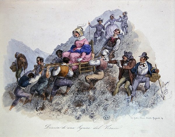 A Vezúvról leszálló turista, 1830 körül (színes litó) alkotó: Gaetano (after) Dura