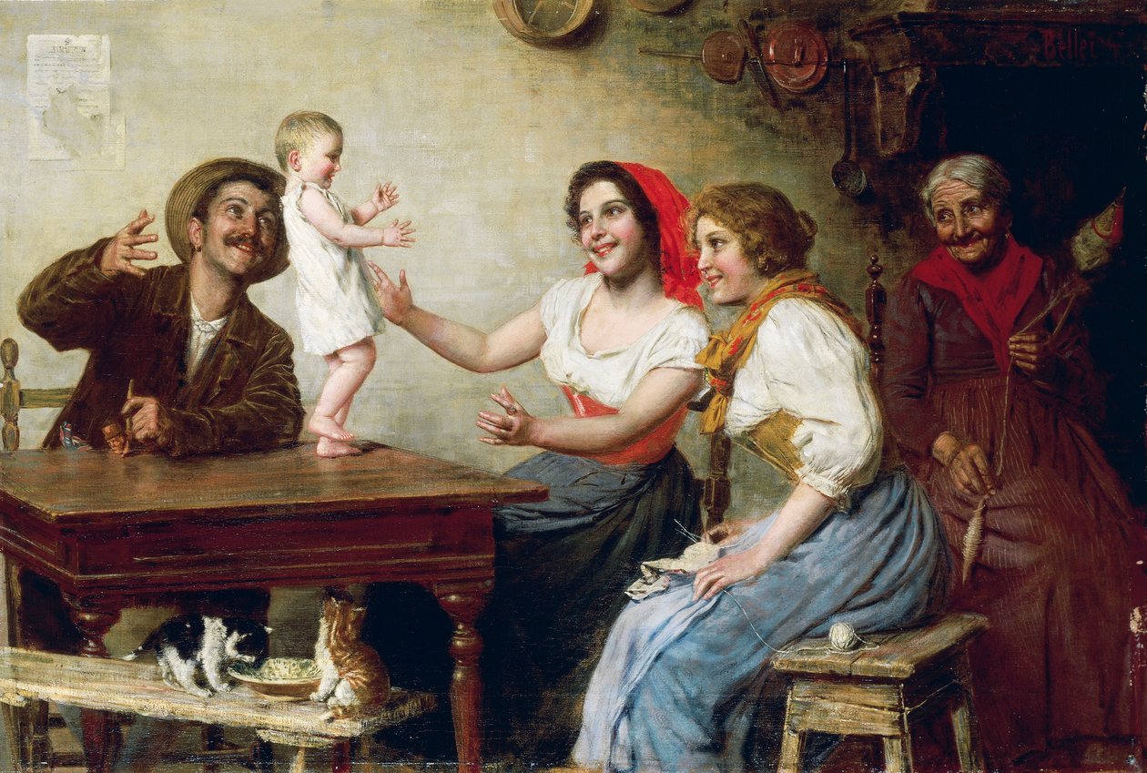 Első lépések, Gaetano Bellei (1857-1922), olaj, vászon, 55x82,5 cm alkotó: Gaetano Bellei