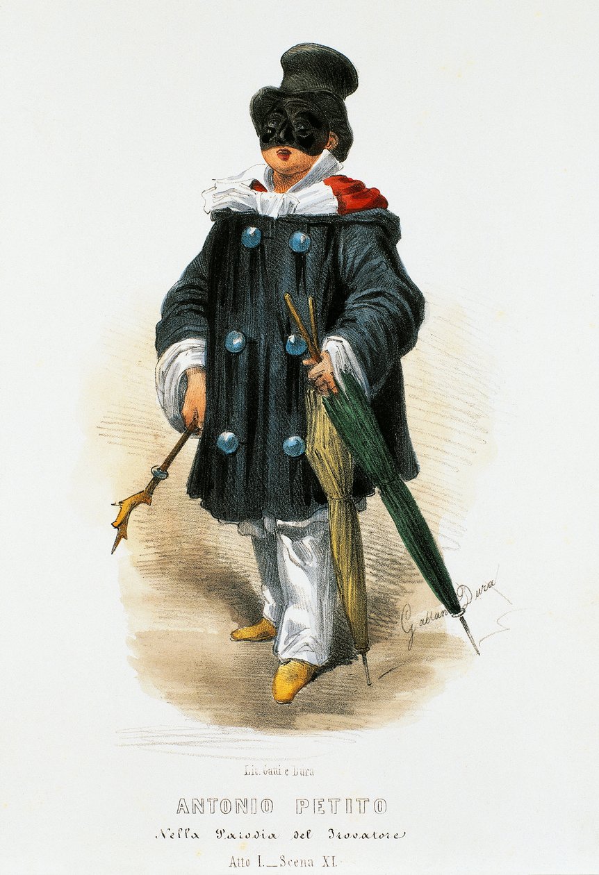 Antonio Petito (1822-1876) színész színpadi jelmezben a Trubadúr című paródiában, Gaetano Dura (1805-1874) litográfiája alkotó: Gaetano Dura