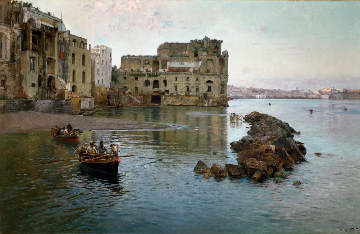 Tengerpart Nápolyban. Gaetano Esposito (1858-1911) festménye alkotó: Gaetano Esposito