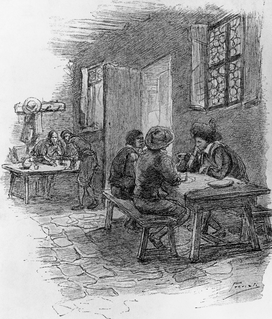 Renzo, Tonio és Gervase a fogadóban, VII. fejezet, Gaetano Previati (1852-1920) illusztrációja a Hűséghez, Alessandro Manzoni (1785-1873) történelmi regénye alkotó: Gaetano Previati