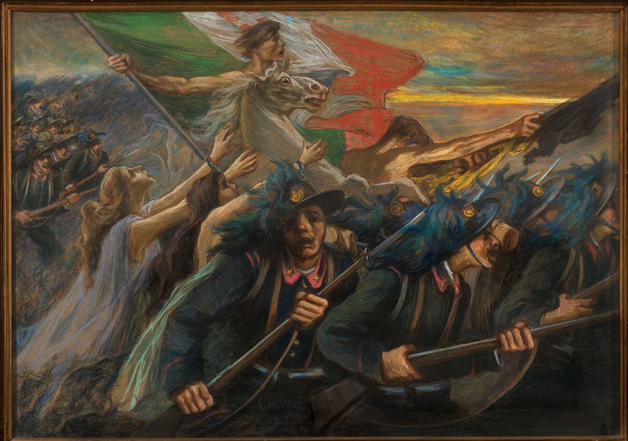 Trento és Trieszt, A Bersaglieri (puskások) rohama (olaj, vászon) alkotó: Gaetano Previati