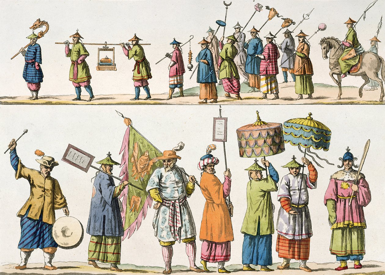 A kínai császár körmenetének fő kísérői, illusztráció Giulio Ferrario „Le Costume Ancien et Moderne” című művéből, az 1820-as és 30-as évek körül megjelent alkotó: Gaetano Zancon