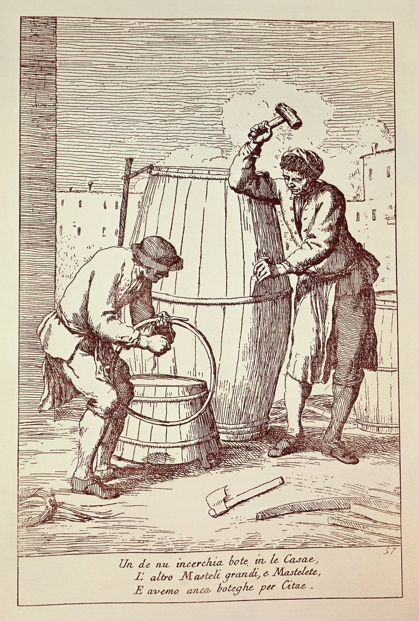 Coopers munka közben, Gaetano Gherardo Zompini (1700-1778) metszete a Velencei város mindennapi életének művészetéből, Olaszországból alkotó: Gaetano Zompini