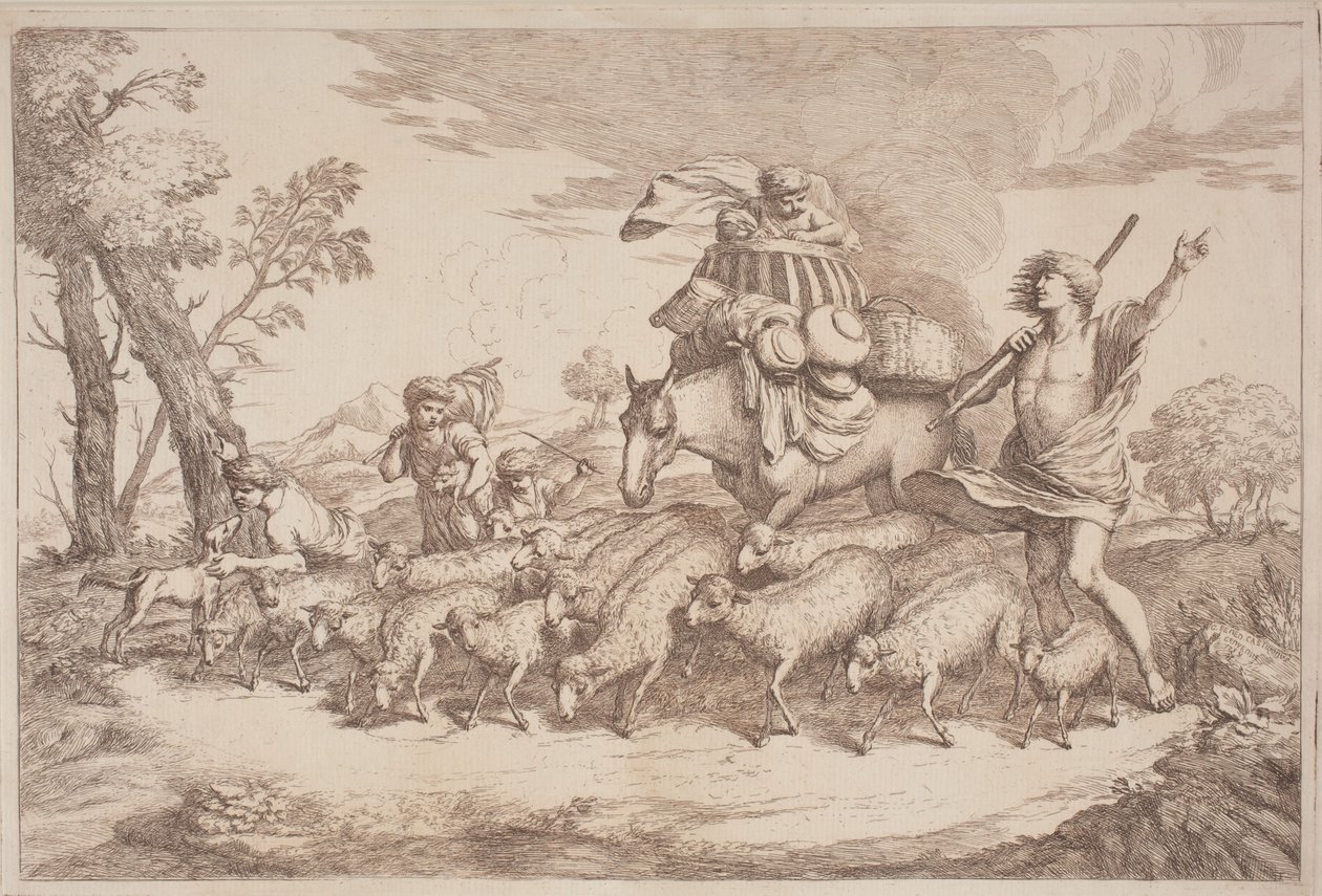 Lelkipásztori utazás egy kosárban ülő gyermekkel lóháton alkotó: Gaetano Zompini, after Giovanni Benedetto Castiglione
