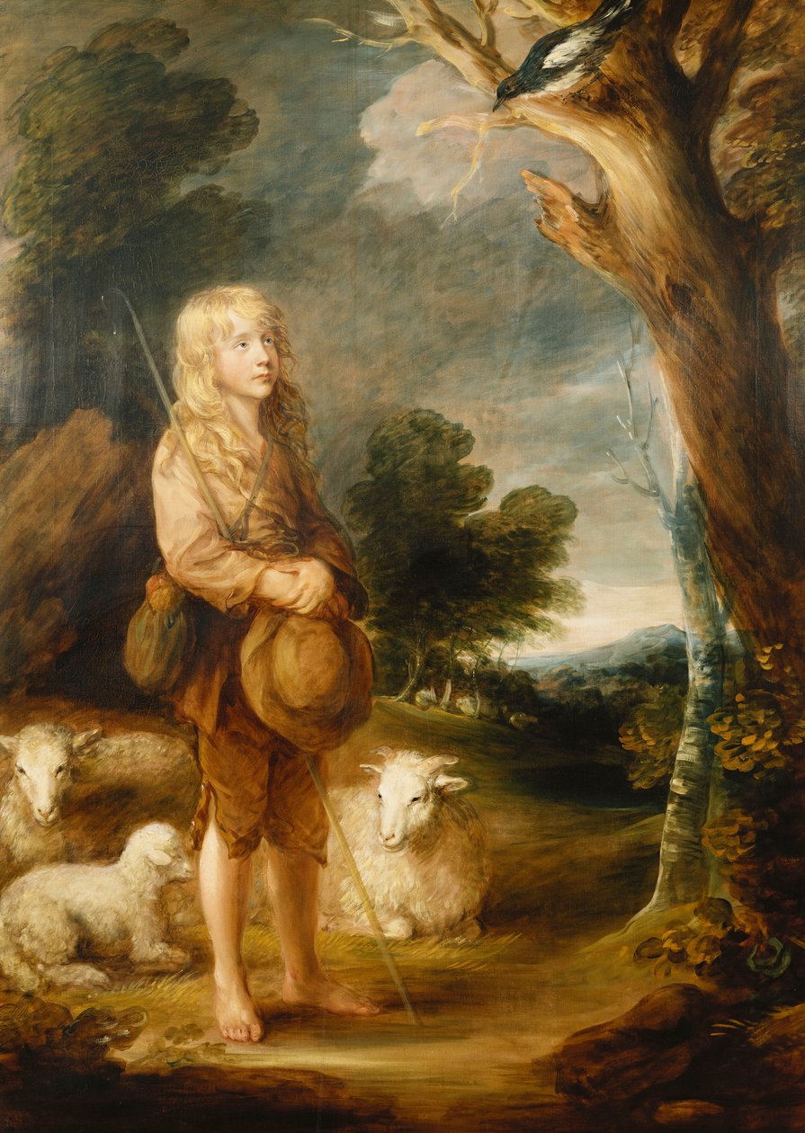 Erdős táj egy szarkot hallgató pásztorfiúval és három báránnyal, alkotó: Gainsborough Dupont