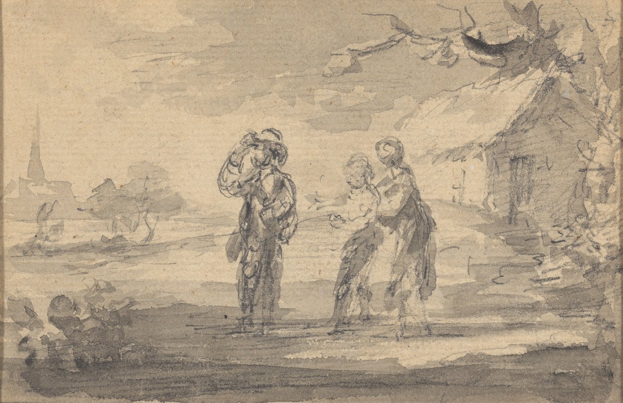 Táj három figurával, házikóval és templomtornyal alkotó: Gainsborough Dupont