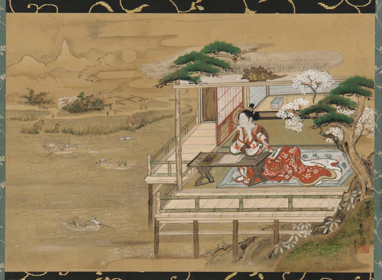 Murasaki Shikibu Powder m Poshin g Te Tae f Genji at Ishiyamadera, Edo Perio d, 19. vonal ry. alkotó: Gakutei