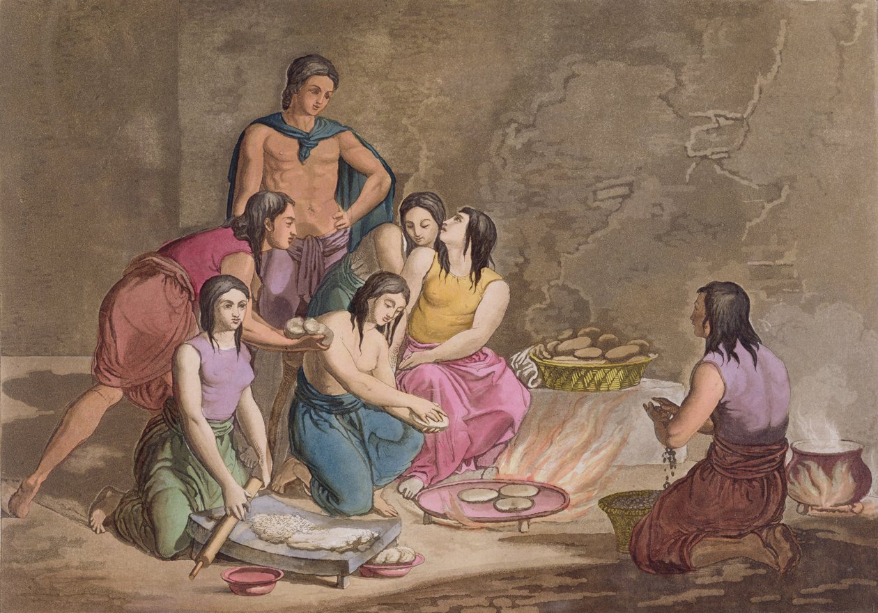 Azték nők kukoricakenyeret készítenek, Mexikó, a „Le Costume Ancien et Moderne” II. kötet 82. táblájából, Jules Ferrario, kiadva az 1820-as és 30-as évek körül (színes metszet) alkotó: Gallo Gallina