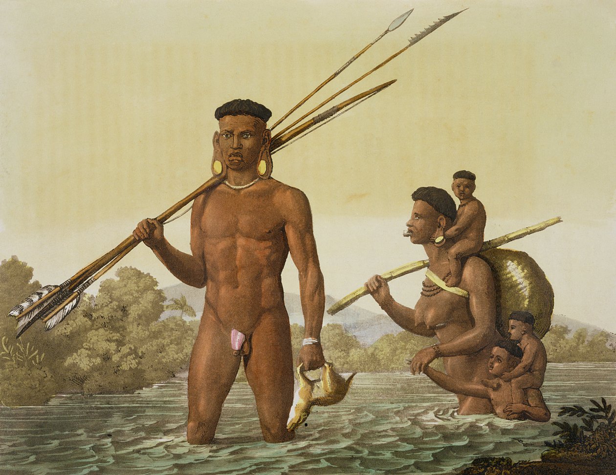 Botocudos család, Rio Grande, Brazília, a "Le Costume Ancien et Moderne" II. kötetének 37. táblájáról, Jules Ferrario, 1820-30-as évek körüli kiadás (lásd még 84784). alkotó: Gallo Gallina