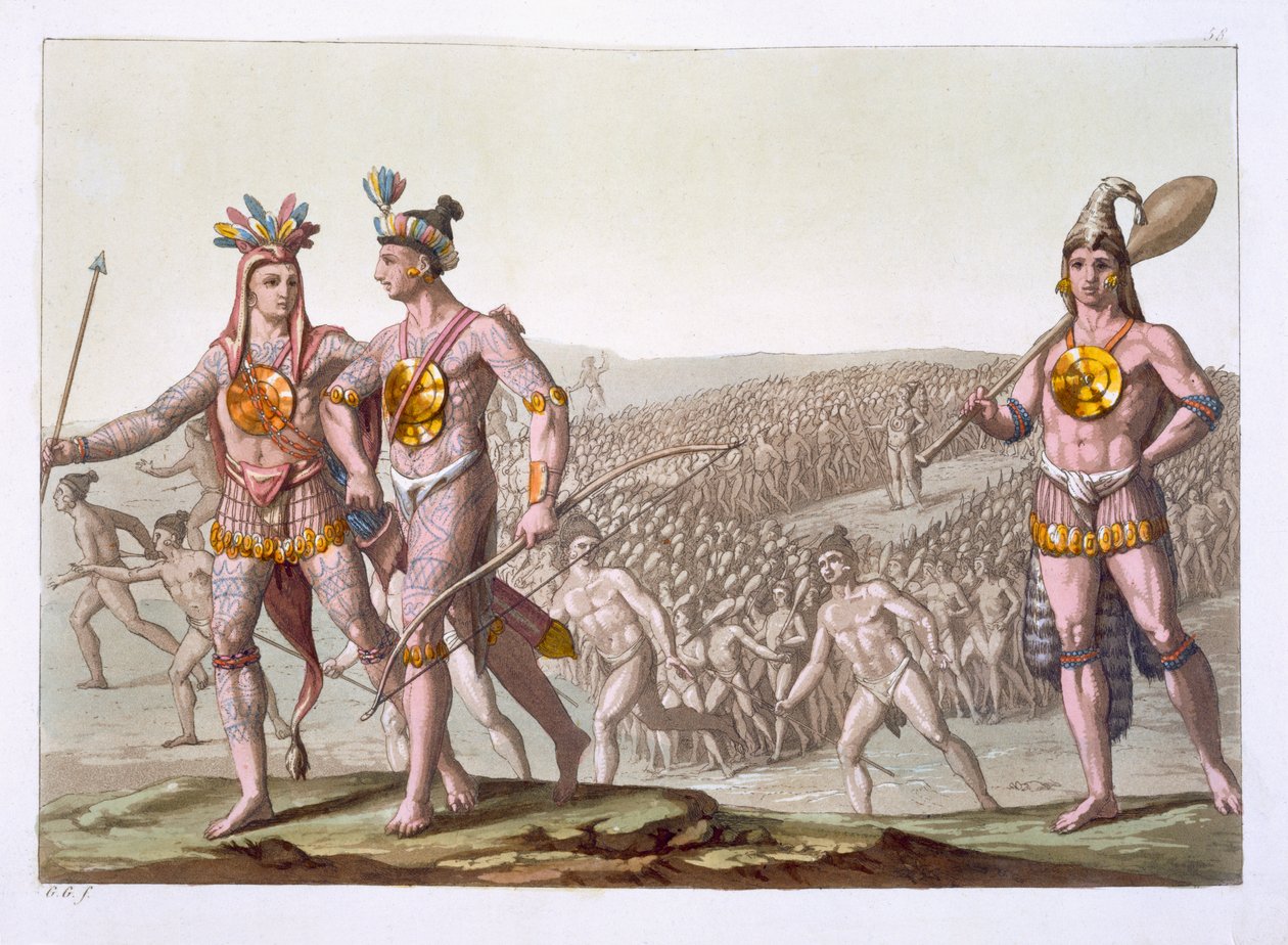 Chief Outina, Saturiba ellensége, Követői között sétál, Jules Ferrario „Le Costume Ancien et Moderne” 58. lemeze, az 1820-as és 30-as évek körül megjelent alkotó: Gallo Gallina