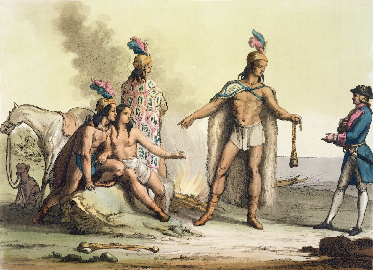 Patagóniai indiánok (Chile) egy európai utazót köszöntenek Jules Ferrario „Le Costume Ancien et Moderne” II. kötetének 38. lemezéből, az 1820-as és 30-as évek körül megjelent alkotó: Gallo Gallina