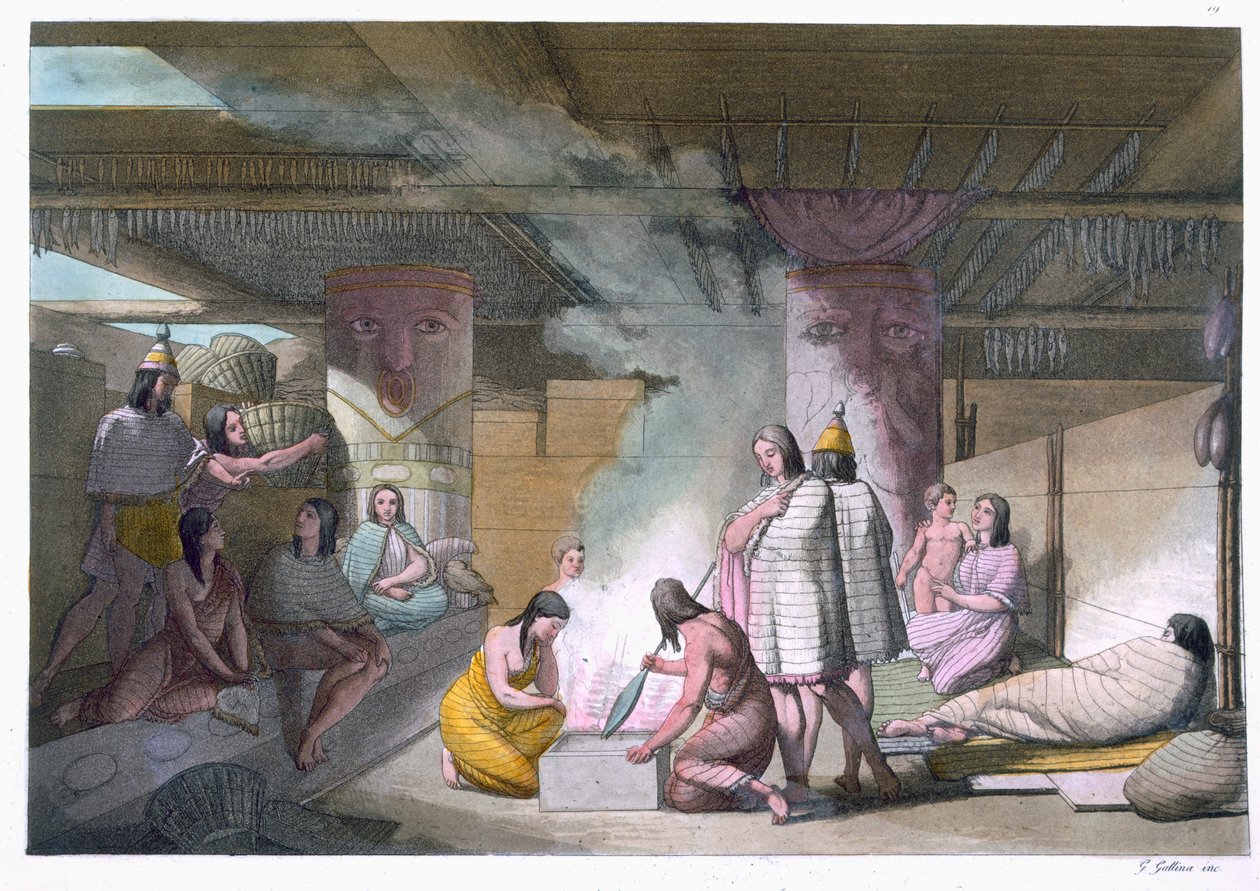 A Nootka törzs kunyhójának belseje, Jules Ferrario "Le Costume Ancien et Moderne", I. kötet, 19. tábla, 1820-30-as évek körüli kiadásból. alkotó: Gallo Gallina