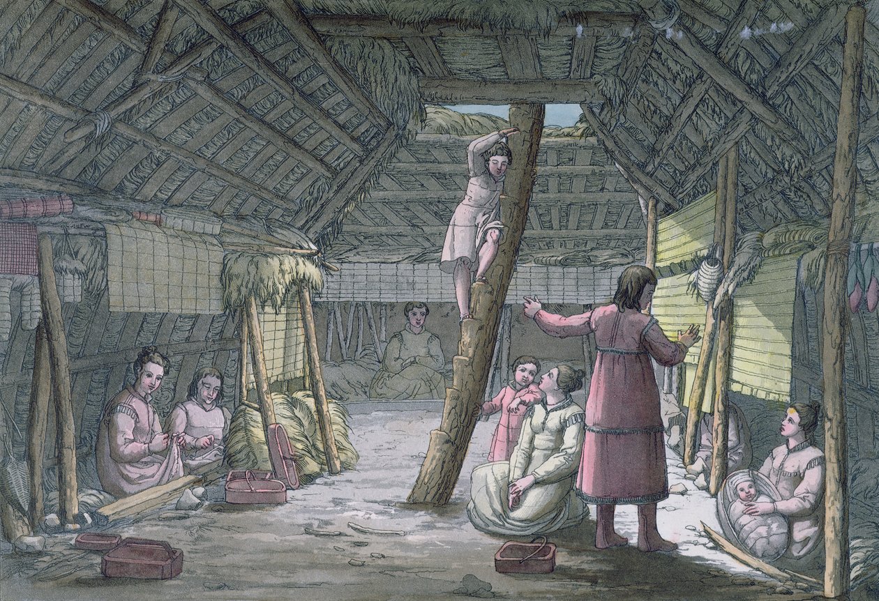 Egy unalaskai ház belseje, illusztráció Jules Ferrario „Le Costume Ancien ou Moderne” című művéből, kiadva; 1820 körül Milánóban (színes metszet) alkotó: Gallo Gallina