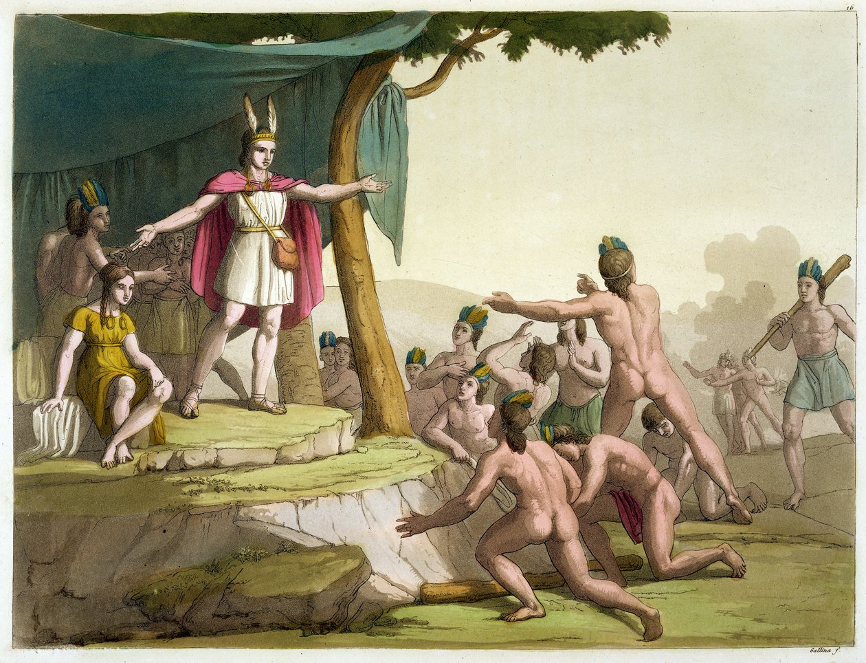 Manco Capac király és Coya Mama királynő tisztelegve a „Le Costume Ancien et Moderne” I. kötet 16. lemezén, Jules Ferrariotól, az 1820-as és 30-as évek körül megjelent (színes metszet) alkotó: Gallo Gallina